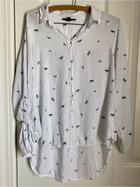 Jane and Delancey White Collard Button Up French Bull Dog Hi Low Blouse Whimsy